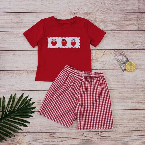 Ensembles de vêtements Saint Valentin Tenues Bébé Garçons Vêtements Ensemble Animal Broderie Body T-shirts À Manches Rouges Short En Treillis Costume Pour 1-8T Babi