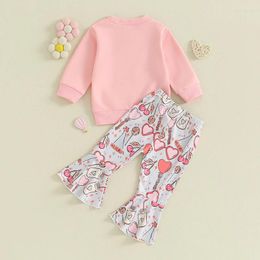 Ensembles de vêtements Saint Valentin Bébé Fille Bell Bottom Tenues Papa S Valentine Crewneck Sweatshirt Top Heart Print Flare Pantalon Ensemble