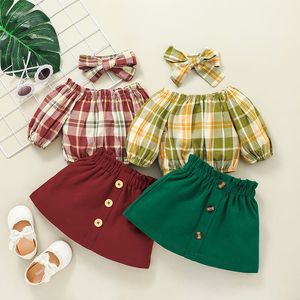 Kleding Sets Vintage Baby Meisjes Kleding Lente Off Shoulder Crop Tops Mini Rokken Plaid Print Meisje Outfits Leuke Ruffle Peuter Suits 230707