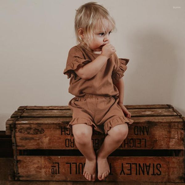 Ensembles de vêtements Vintage enfants coton et lin costume été bébé enfants décontracté volants à manches courtes T-shirt lâche Shorts 2pcs TZ176