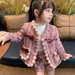 Conjuntos de ropa Vintage estilo europeo niño bebé niñas manga larga punto tweed cardigan pantalones cortos otoño invierno niños espesar traje cálido 231218