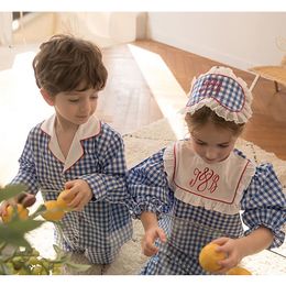 Kledingsets Vintage Unisex Kid Letters Geborduurde Pyjama Set Met Blinddoek Peuter Meisje Jongen Geruite Nachtkleding Pyjama Set Kinderen 230915