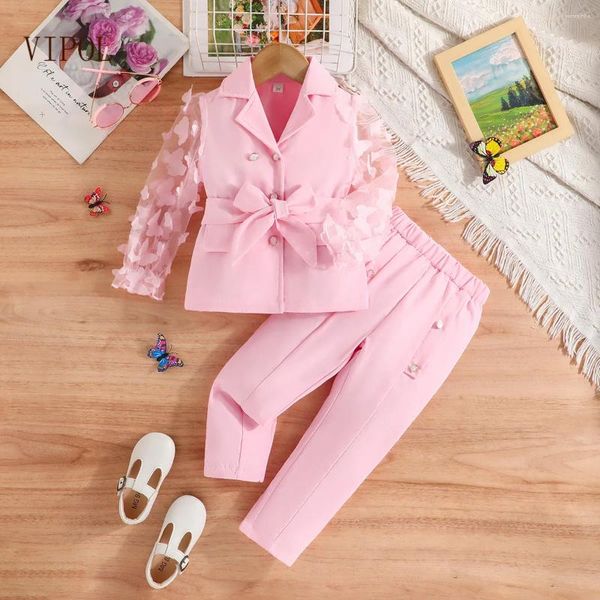Conjuntos de ropa VIPOL Marca Conjunto para niñas pequeñas Mariposa Manga de malla Blazers Tops Pantalón Dos piezas Color rosa Trajes para niños Otoño Primavera