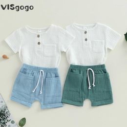 Kledingsets Visgogo 0-3y Baby Boy-kleding Outfits Korte mouw Button Down Pocket Tops Solid Color Shorts Set Toddler Summer 2pcs