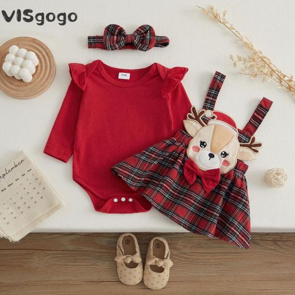 Juegos de ropa Visgogo 3pcs ropa de niña atuendo de Navidad rufa de manga larga caricatura bordado bordado a cuadros A-línea diadema