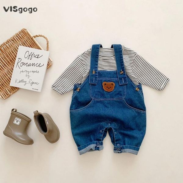 Ensembles de vêtements Visgogo bébé printemps automne vêtements ours broderie denim combinaison noir rayé fond t-shirt garçons filles ensemble mignon