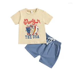 Kledingsets Visgogo Toddler Boy 4e van Julty Outfit Letter Cartoon Print Round Neck T-shirt met korte mouwen met effen kleuren shorts
