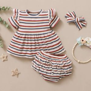 Kleidungssets #VW Mädchen gestreift bedruckt Kleinkind Baby Kurzarm O-Ausschnitt Tops Rüschen Shorts Stirnbänder 3 Stück Outfits Sommerkleidung