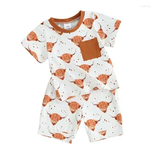 Kledingsets Wankitoi Peuter Western Baby Boy Kleding Korte Mouw Koe Print T-shirt Jogger Shorts 2 Stuks Baby Cowboy Zomer outfits