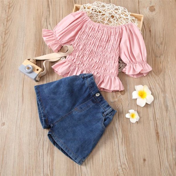 Ensembles de vêtements WenaZao Infant Toddler Kids Baby Girls Summer Outfit Set Fashion Boat Neck Lantern Sleeve Ruffles Pink T-Shirt And Denim Short