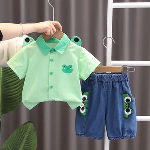 Kledingsets Western Baby Boys Boutique 2024 Koreaanse stijl schattige kikker afslag kraag korte mouw shirts en shorts boy outfit set