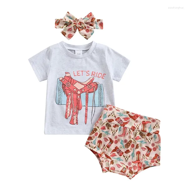 Ensembles de vêtements Western Baby Girl Clothes Imprime Imprimé à manches courtes T-shirt Tassel Shorts Bandon Set Été Tenue d'été