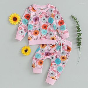 Ensembles de vêtements Western Baby Girl Sweat-shirt et pantalon de survêtement Ensemble Chemise florale pour bébé à manches longues à manches longues Pantalons imprimés de vache Tenues 0-3T