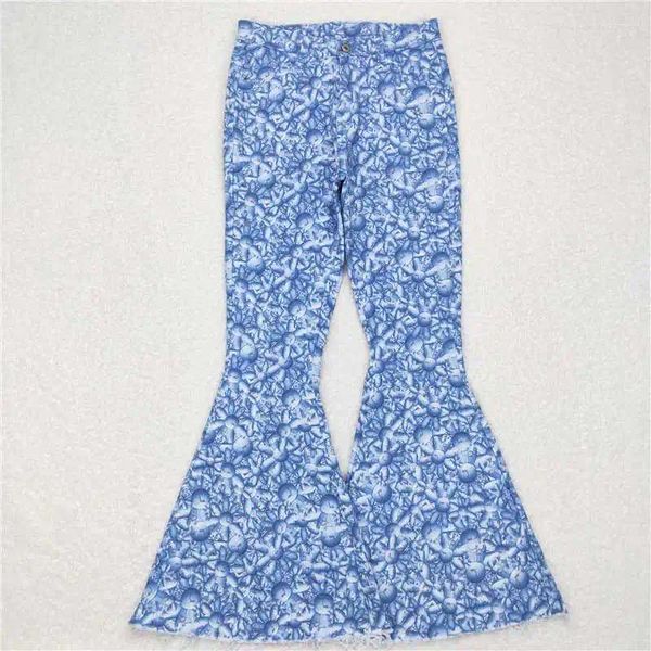 Conjuntos de ropa Mujeres occidentales Mujeres Mama Patrón floral Blue Denim Pantalones Largos Pantalones Al por mayor Jeans de niña Boutique