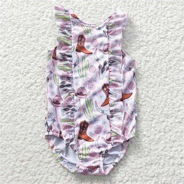 Ensembles de vêtements Western Fashion Floral Cow Head Bottes Chapeau Rose One Piece Maillot De Bain À Manches Longues Bébé Filles Ensemble En Gros Vêtements Pour Enfants