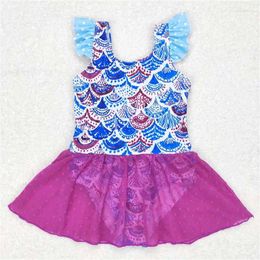 Conjuntos de ropa Moda occidental Escala floral Tul púrpura Traje de baño de una pieza Traje de baño de manga larga para niñas Conjunto Ropa para niños al por mayor