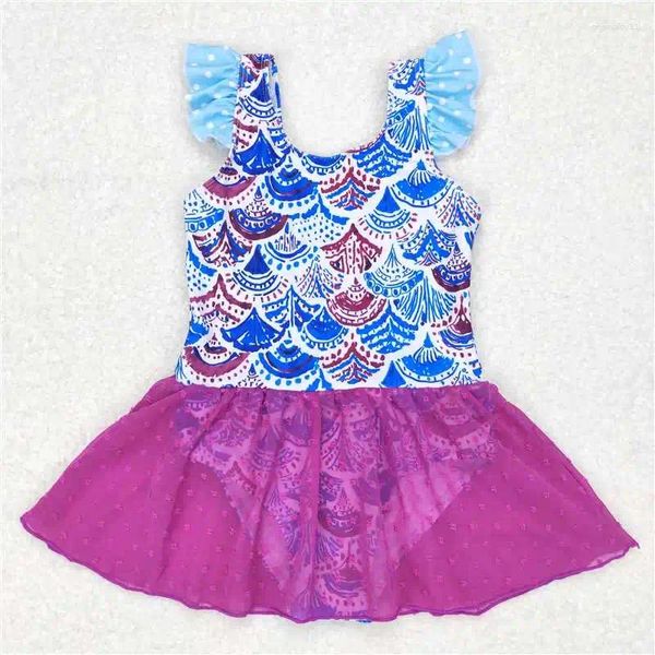 Ensembles de vêtements Mode occidentale Échelle florale Violet Tulle Maillot de bain une pièce à manches longues Bébé Filles Ensemble Vêtements pour enfants en gros