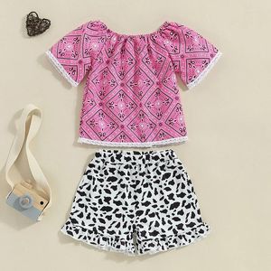 Kledingsets Western Peuter Girl Shorts Zet Schouder Bloem Shirt Lace Tops Ruffle Short Sleeve Cow Print Bloemers Outfits