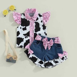 Ensembles de vêtements Western Toddler Girls Denim Outfits Ruffle Sans manches Sans manchettes de vache Bouton Down Down Tops Bourts de jambes larges H240508