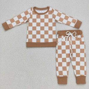 Ensembles de vêtements en gros bébé garçon fille ensemble manches longues pull à carreaux t-shirts enfants pantalons de poche pyjamas enfant en bas âge tenue pour enfants