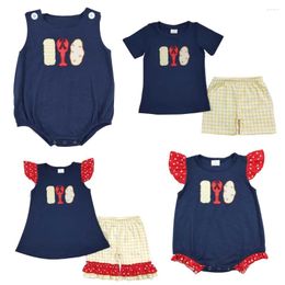 Kledingsets Groothandel Baby Boy Girl Korte mouwen Borduurwerk Crawfish Navy Blue Tunic Tunic Peuter Plaid Shorts Set Kids Children Summer Outfit