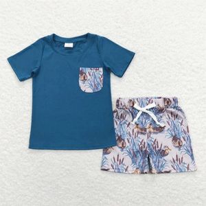 Conjuntos de ropa Venta al por mayor Baby Boy Verano Niños Mangas cortas Bolsillo Camisetas de algodón Camisetas para niños pequeños Patos Pantalones cortos Conjunto Boutique Outfit