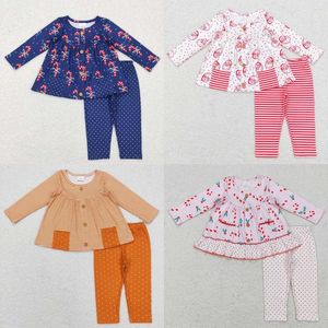 Conjuntos de ropa Venta al por mayor Baby Girl Navidad Manga larga Candy Cane Pocket Túnica Leggings azules Niños Dos piezas Trajes para niños pequeños