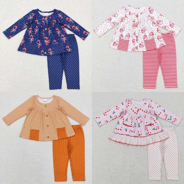 Ensembles de vêtements en gros bébé fille noël à manches longues bonbons canne poche tunique bleu leggings enfants deux pièces tenues en bas âge