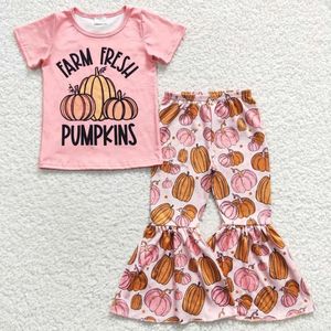 Ensembles de vêtements en gros bébé fille vêtements automne ferme citrouilles fraîches filles boutique tenues Halloween enfants pantalons à manches courtes cloche