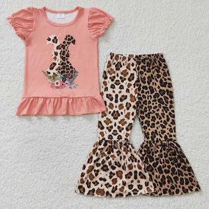 Ensembles de vêtements en gros bébé fille Pâques enfants tenue enfants manches courtes fleur chemise léopard cloche bas pantalon enfant en bas âge ensemble