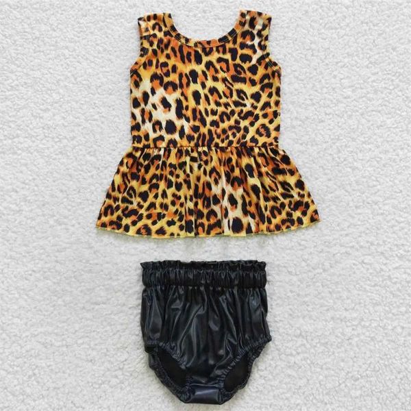 Ensembles de vêtements en gros bébé fille sans manches léopard sans tout-petit tout-petit bummie en cuir short d'enfants en été né deux pièces tenue