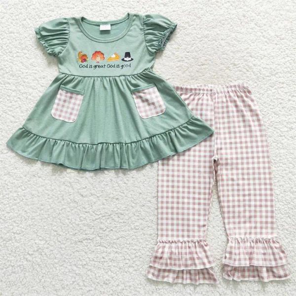 Conjuntos de ropa Venta al por mayor Baby Girl Pavo Calabaza Conjunto de pastel de algodón verde Túnica de bolsillo Pantalones a cuadros Infantil Niños Niño Niño Acción de gracias