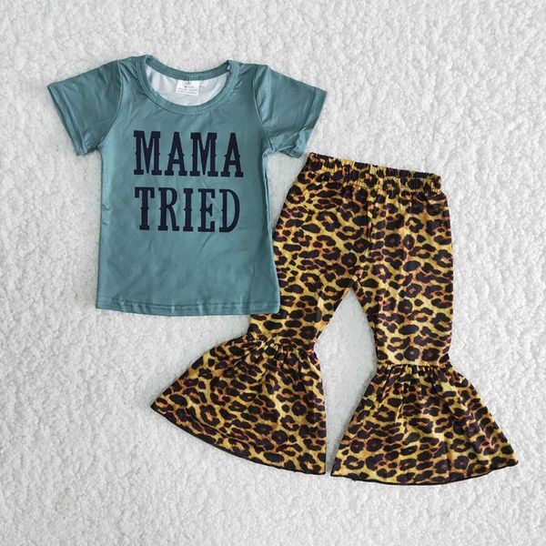 Conjuntos de ropa Venta al por mayor Baby Girls Boutique Outfits Niños de manga corta azul Camisa de mamá Leopardo Pantalones de fondo Niños de moda