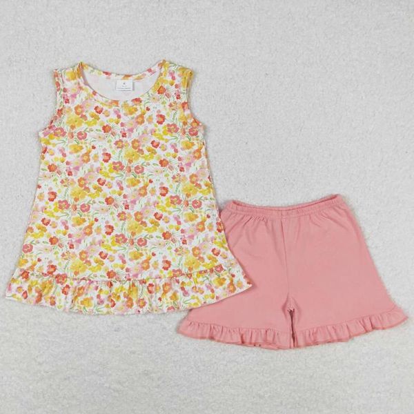 Conjuntos de ropa para bebés al por mayor ropa de naranja flores sin mangas top shorts boutique bouticler atuendos de verano