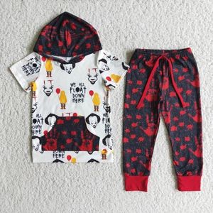 Ensembles de vêtements Boutique en gros enfants Halloween bébé garçon manches courtes ensemble enfants sweat à capuche chemise de poche pantalon rouge tenue à la mode