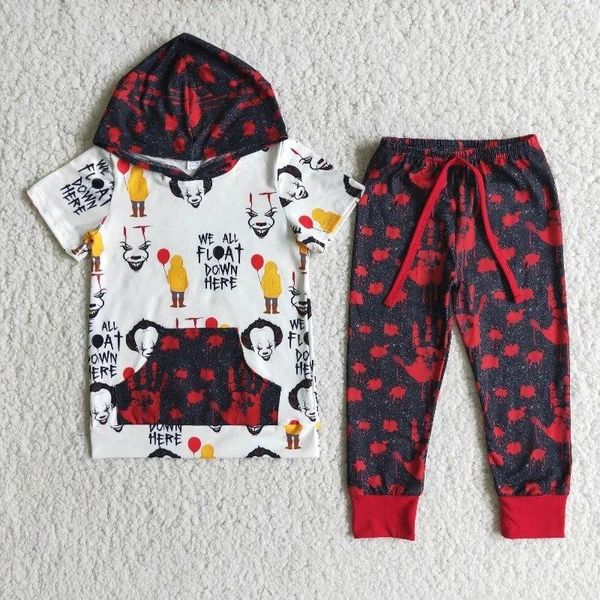 Conjuntos de ropa Venta al por mayor Boutique Niños Halloween Baby Boy Mangas cortas Conjunto Niños Sudadera con capucha Camisa de bolsillo Pantalones rojos Traje de moda