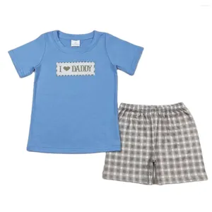 Ensembles de vêtements Enfants en gros broderie d'été Set Blue Clans courtes I LOY