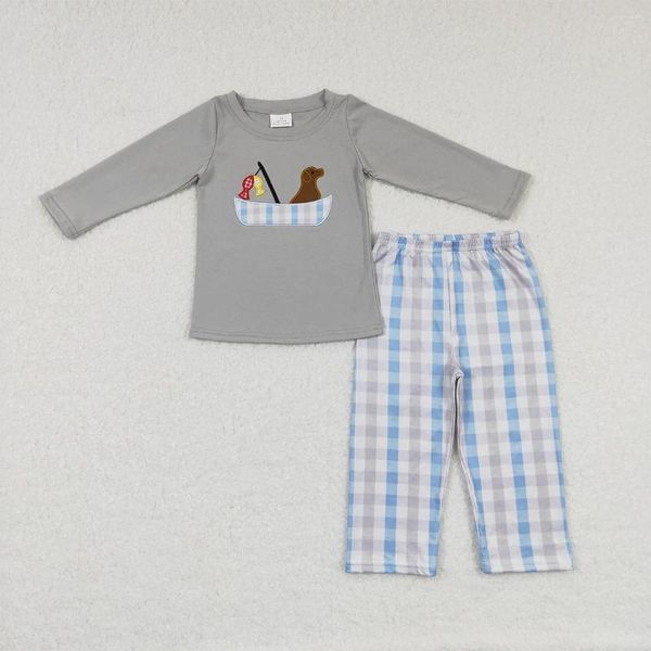 Conjuntos de ropa para niños al por mayor bordado de bordado pesca marrón manga larga pijama niño pantalón a cuadros pantalones para bebés