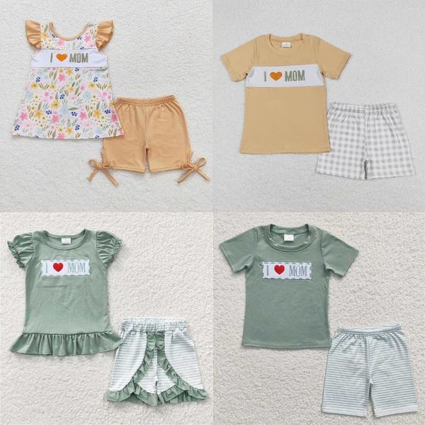 Ensembles de vêtements en gros, les enfants portent de la broderie d'été de fille de maman set girl kids manches courtes tops camo shorts en tout-petit tenue florale