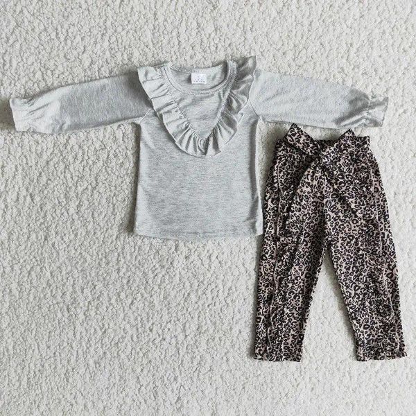 Vêtements Ensembles en gros de Spring Automne Baby Girl Boutique Tenue Rouffle Gray Ruffle Couleur Couleur Léopard Pantalon Set Kid Fashion Toddler