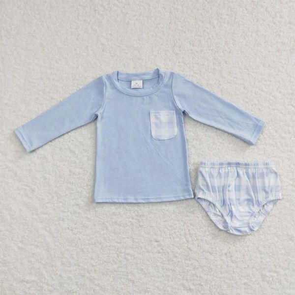 Ensembles de vêtements de la mode en gros bébé fille à carreaux à carreaux bleu long à manches longues sets de boutique pour enfants