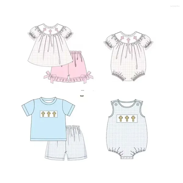 Conjuntos de ropa Venta al por mayor Girls Cross Scree Print Easter Boutique Little Boy Shorts con Baby Bubble