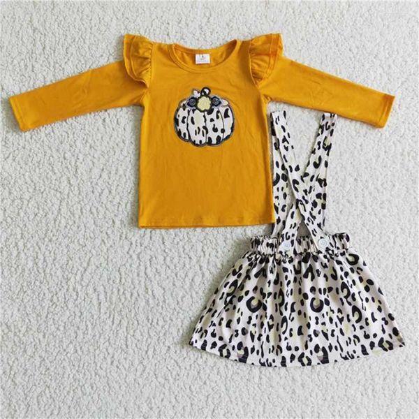 Ensembles de vêtements en gros Halloween Baby Girls Vêtements Fall Broidered Leopard Prump Pumpkin Orange à manches longues Prise de jupe à manches longues