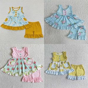 Conjuntos de ropa Venta al por mayor Traje de flor infantil Verano Niño pequeño Bebé niña Sin mangas Bolsillo Túnica Top Ruffle Shorts Niños Niño Conjunto floral 230714