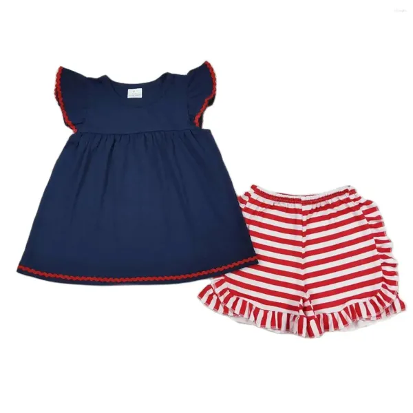 Ensembles de vêtements en gros 4 juillet Kids Summer Summer Shortves Cotton Naby Blue Toddler Enfant Enfants Red Stripes Shorts Baby Girl Tenue