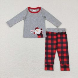 Kledingsets Groothandel Kinderen Baby Jongenskleding Geborduurd Kerst Kerstman Grijs Lange Mouw Rood En Zwart Geruit Broekpak