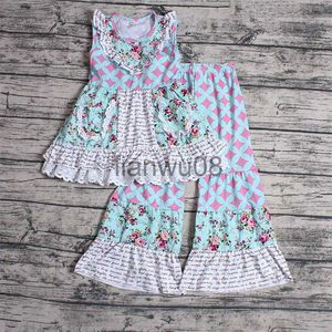 Conjuntos de ropa Venta al por mayor Niños Niños Niñas Moda Oneck Diamante Carta Manga corta Encaje Flor Bolsillo Volantes Pantalones largos Traje Ropa x0803