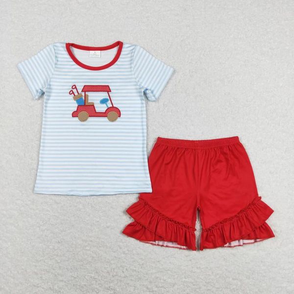 Ensemble de vêtements Enfants en gros Enfants Enfants Summer Stripes Souettes Short Shirt Tentime Toddler Red Ruffle Shorts