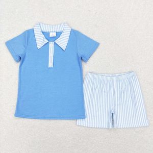 Conjuntos de ropa Venta al por mayor Niños Conjunto de Pascua Niño Azul Mangas cortas Polo de algodón Rayas Pantalones cortos Niños Primavera Bebé Traje