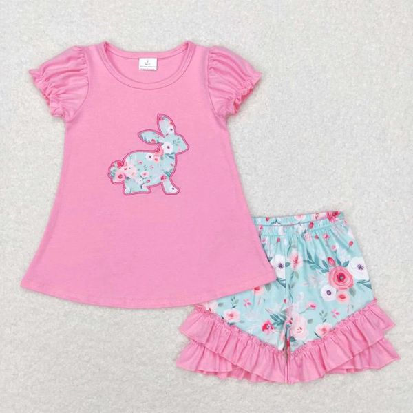 Ensembles de vêtements en gros pour enfants Pâques ensemble Toddler bébé fille garçon manches courtes broderies chemises à carreaux shorts enfants tenue